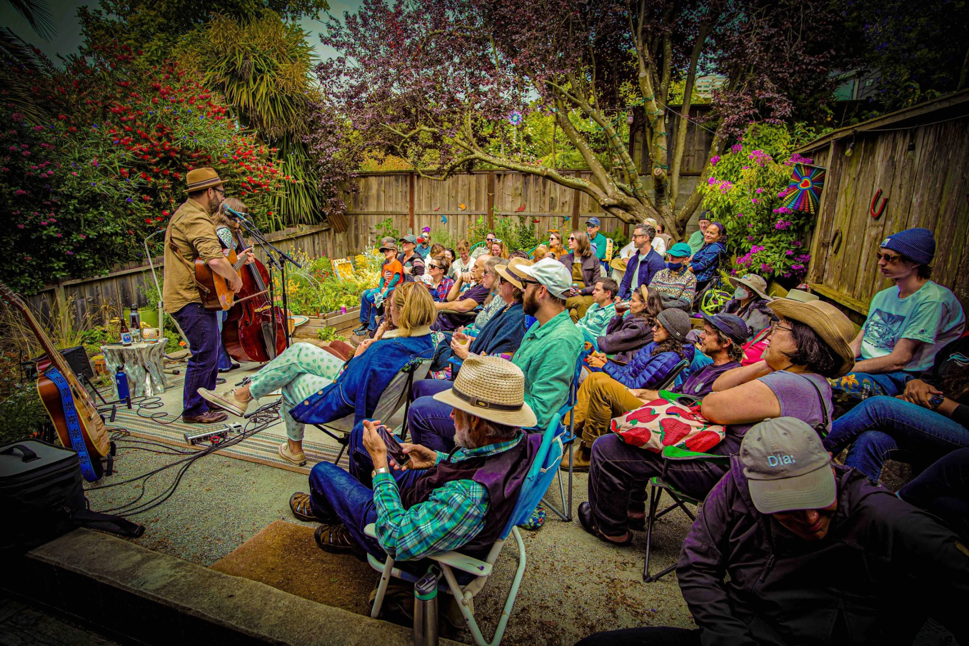 Musician performing in a cozy home venue setting