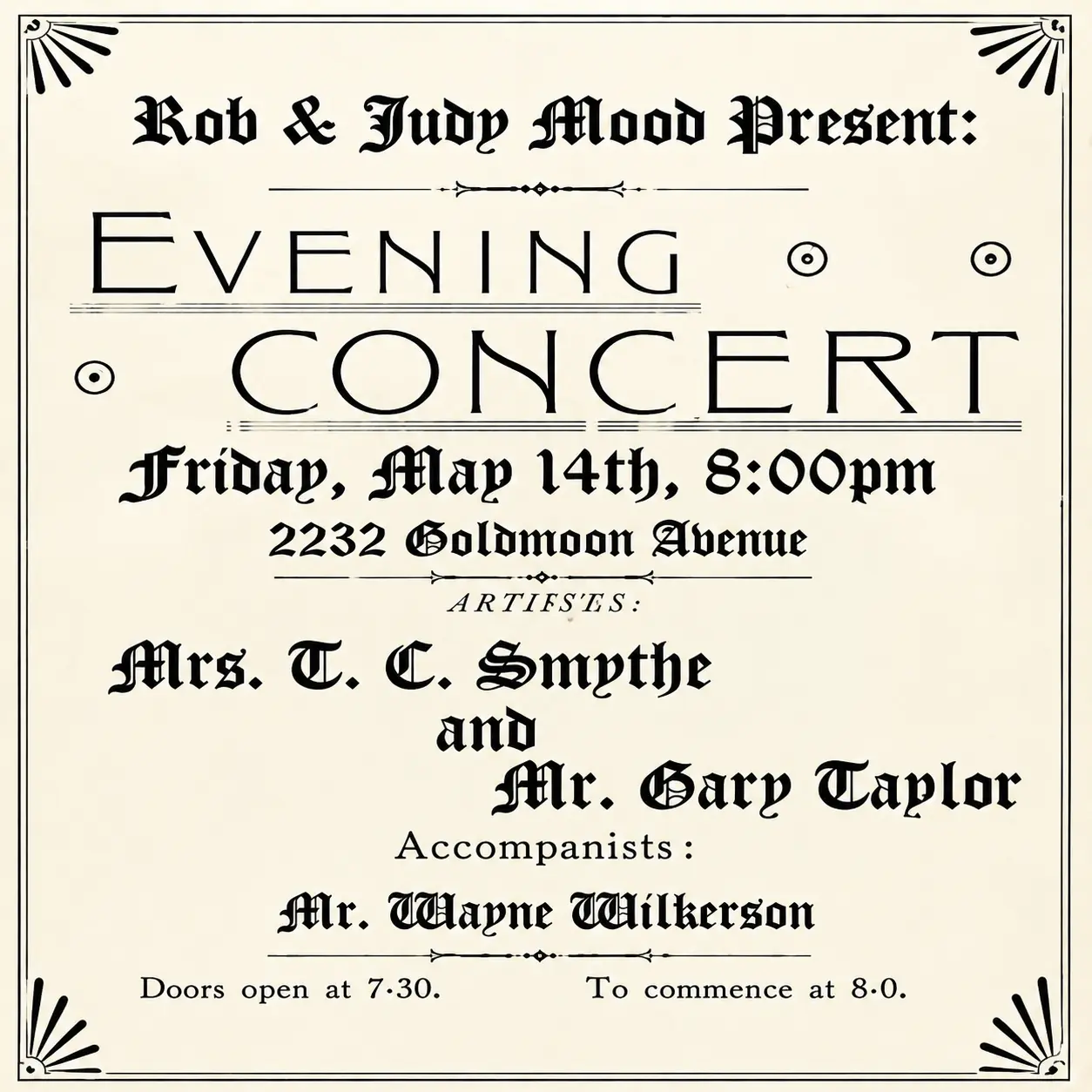 A vintage hand-lettered evening concert invitation card